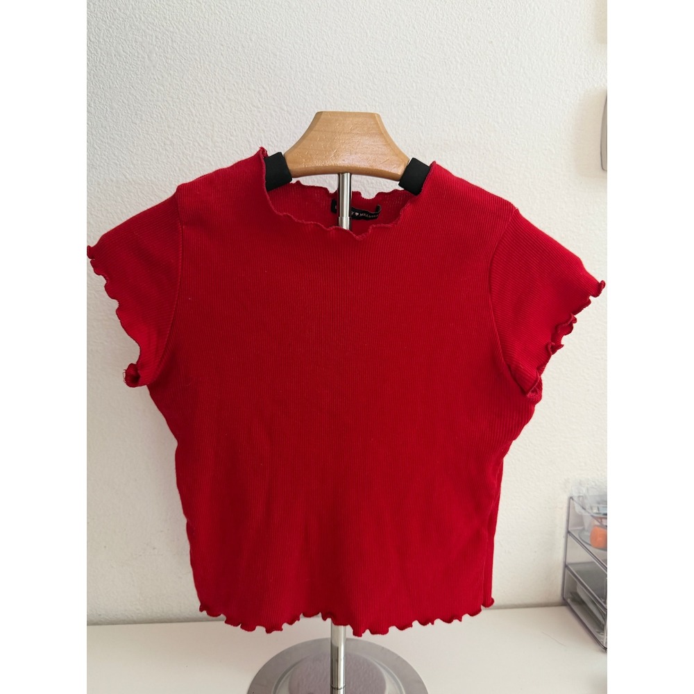 Brandy Melville Red Ribbed Lettuce Edge Short Sleeve Top Cotton Made in Italy